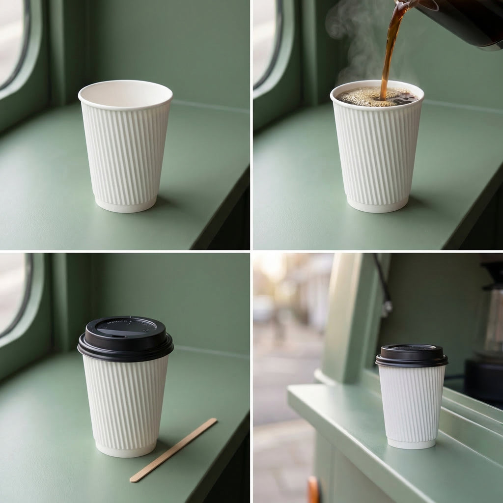 Four-panel collage: empty cup in café van, coffee poured steaming, lidded with stirrer, and lidded on van counter