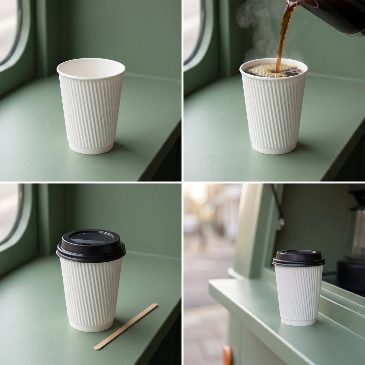 Four-panel collage: empty cup in café van, coffee poured steaming, lidded with stirrer, and lidded on van counter