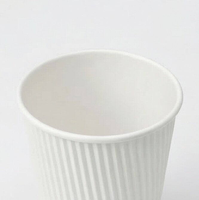 Close-up view into the open interior of a 12oz White Ripple Wall Paper Cup, smooth inner wall and rolled rim, grey