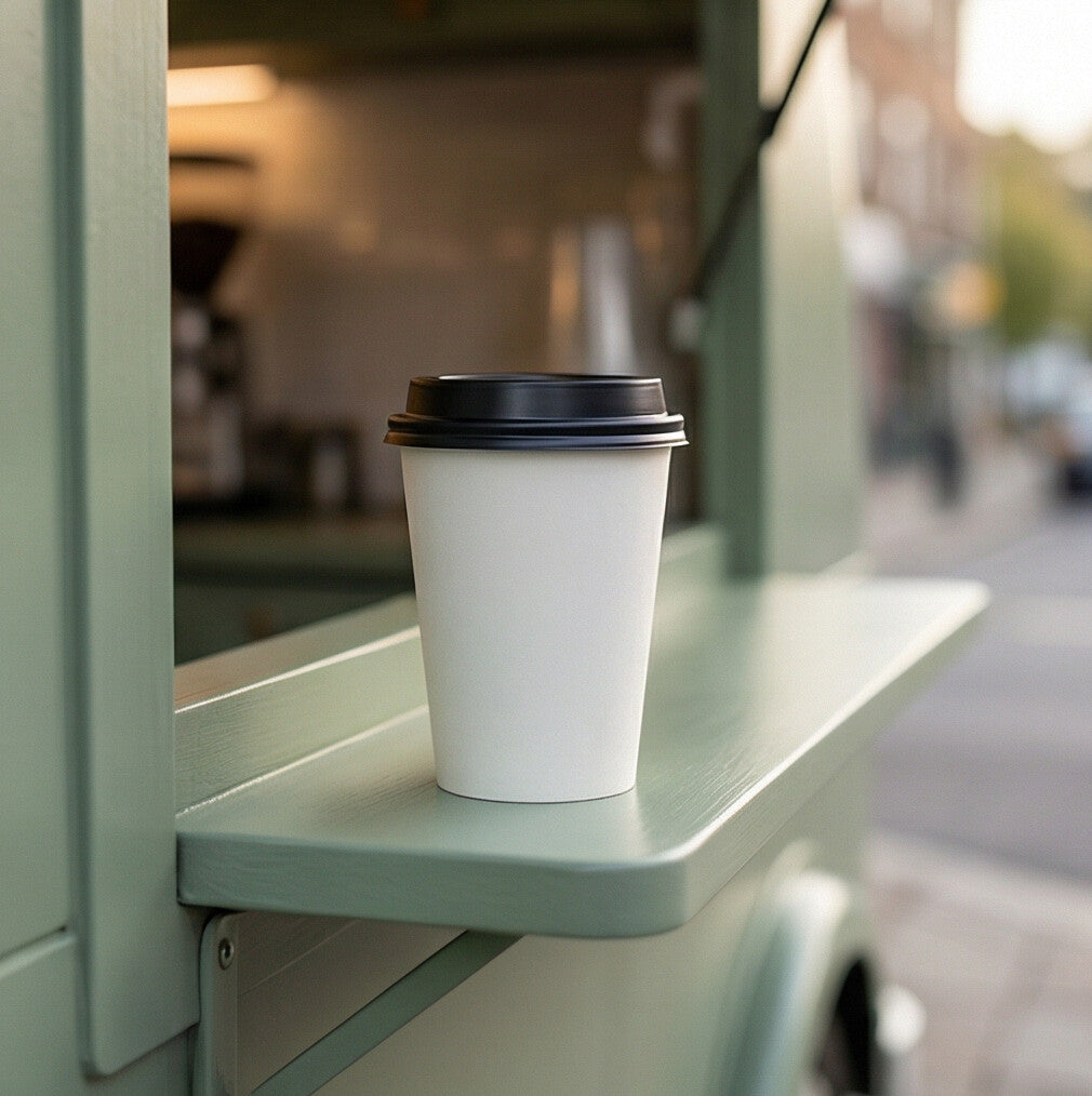 White 12oz paper cup with a black sip lid on the shelf of a sage green coffee van, street and café interior blurred behind