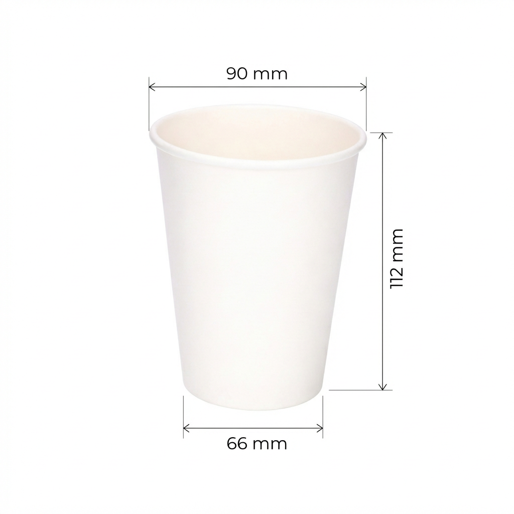 Dimensions diagram for the 12oz White Single Wall Paper Cup: 90 mm top diameter, 66 mm base, 112 mm height