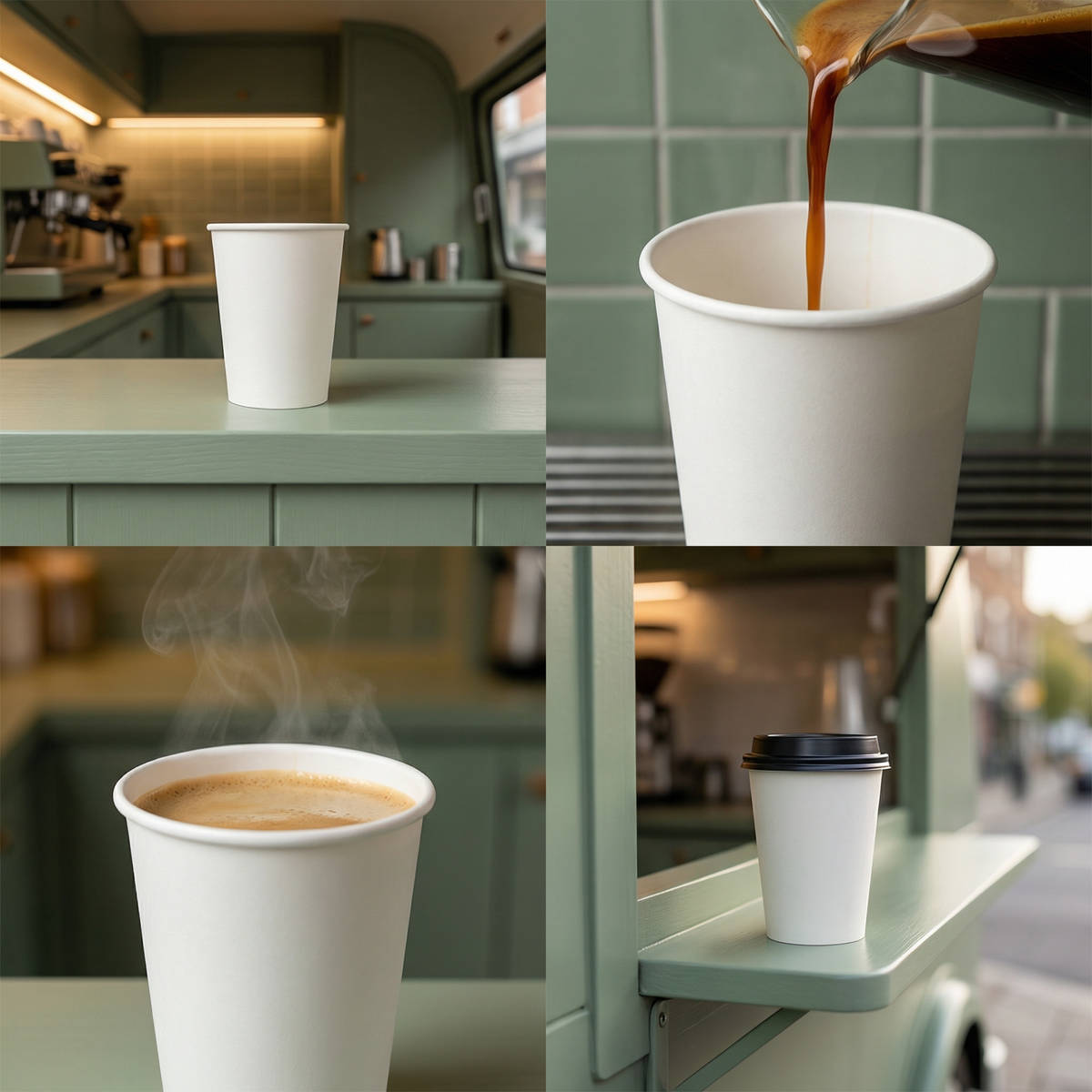 Four-panel collage: white 12oz paper cup in van kitchen, being filled with coffee, steaming, and lidded on a van shelf
