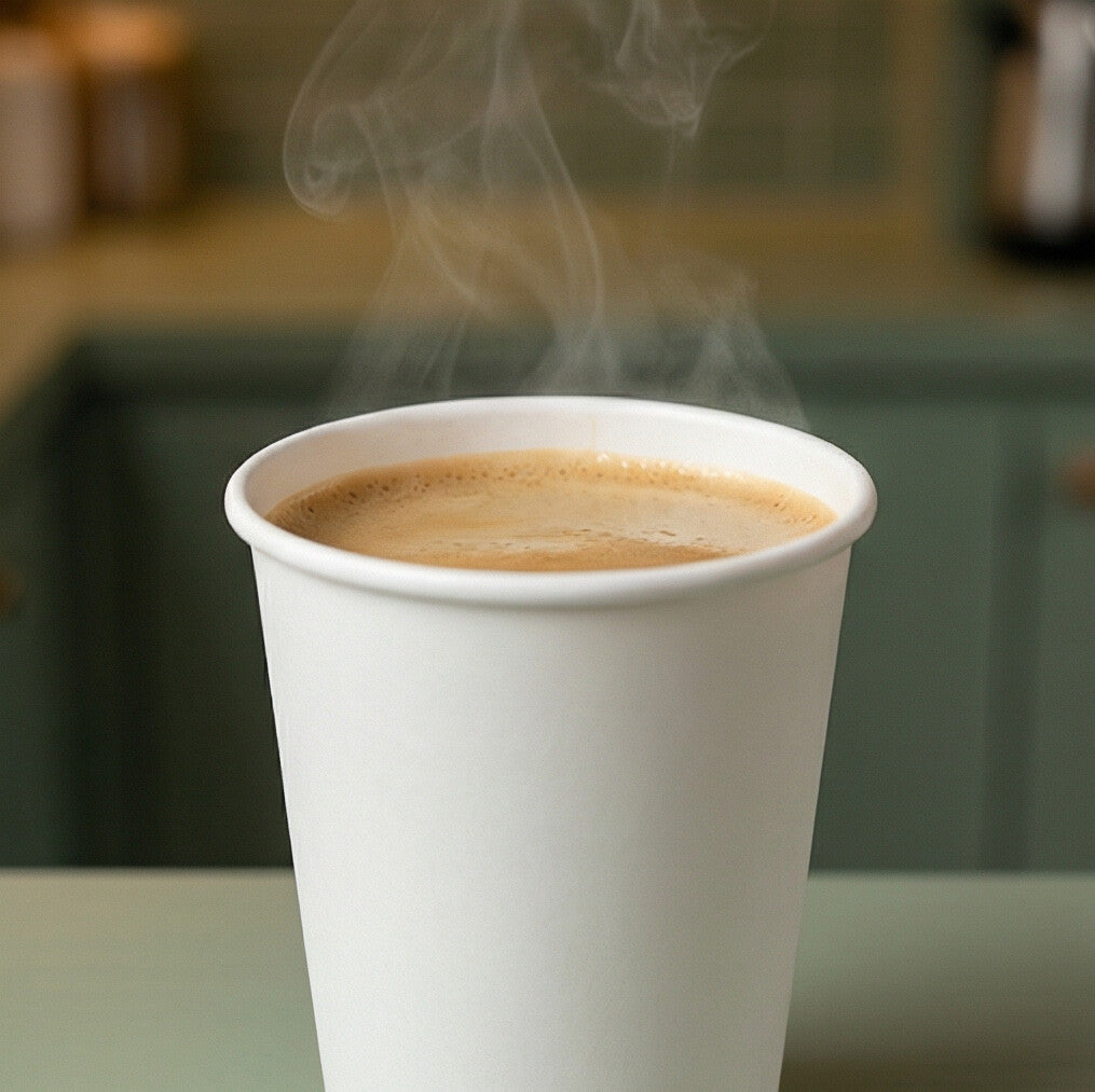 White 12oz paper cup filled with freshly brewed coffee, steam rising, on a sage green café counter with blurred interior behind