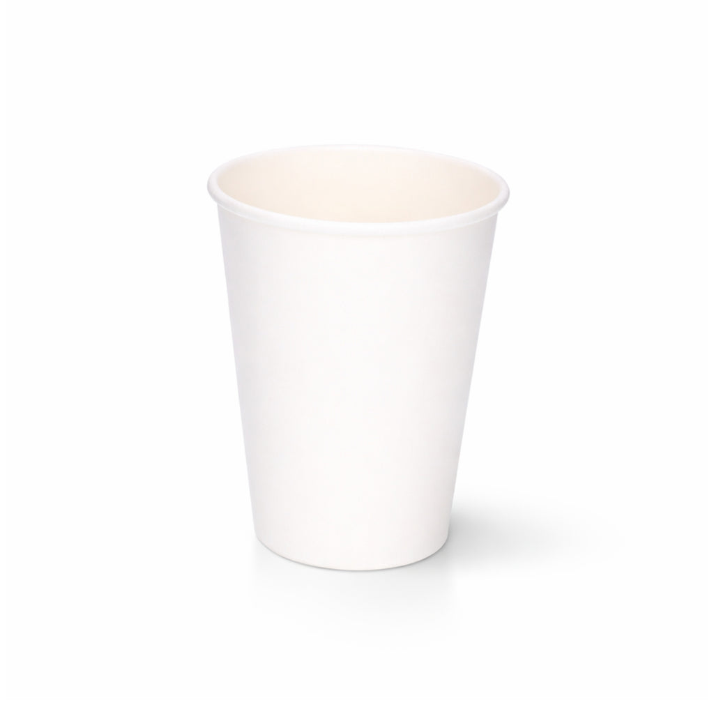 12oz White Single Wall Paper Cup centred on a plain white background, subtle shadow beneath showing the full tapered body