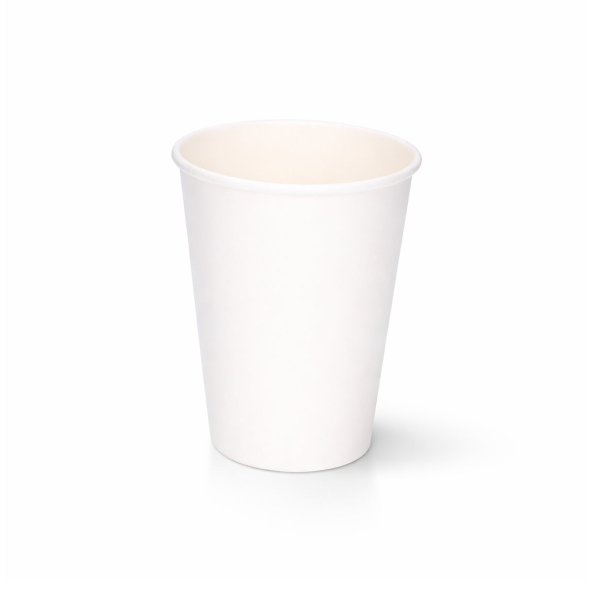 12oz White Single Wall Paper Cup centred on a plain white background, subtle shadow beneath showing the full tapered body