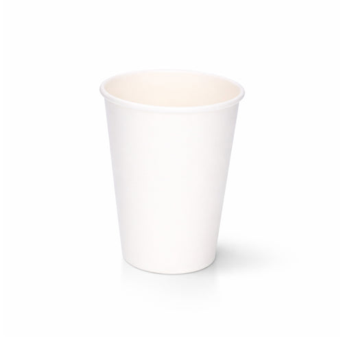 12oz White Single Wall Paper Cup centred on a plain white background, subtle shadow beneath showing the full tapered body