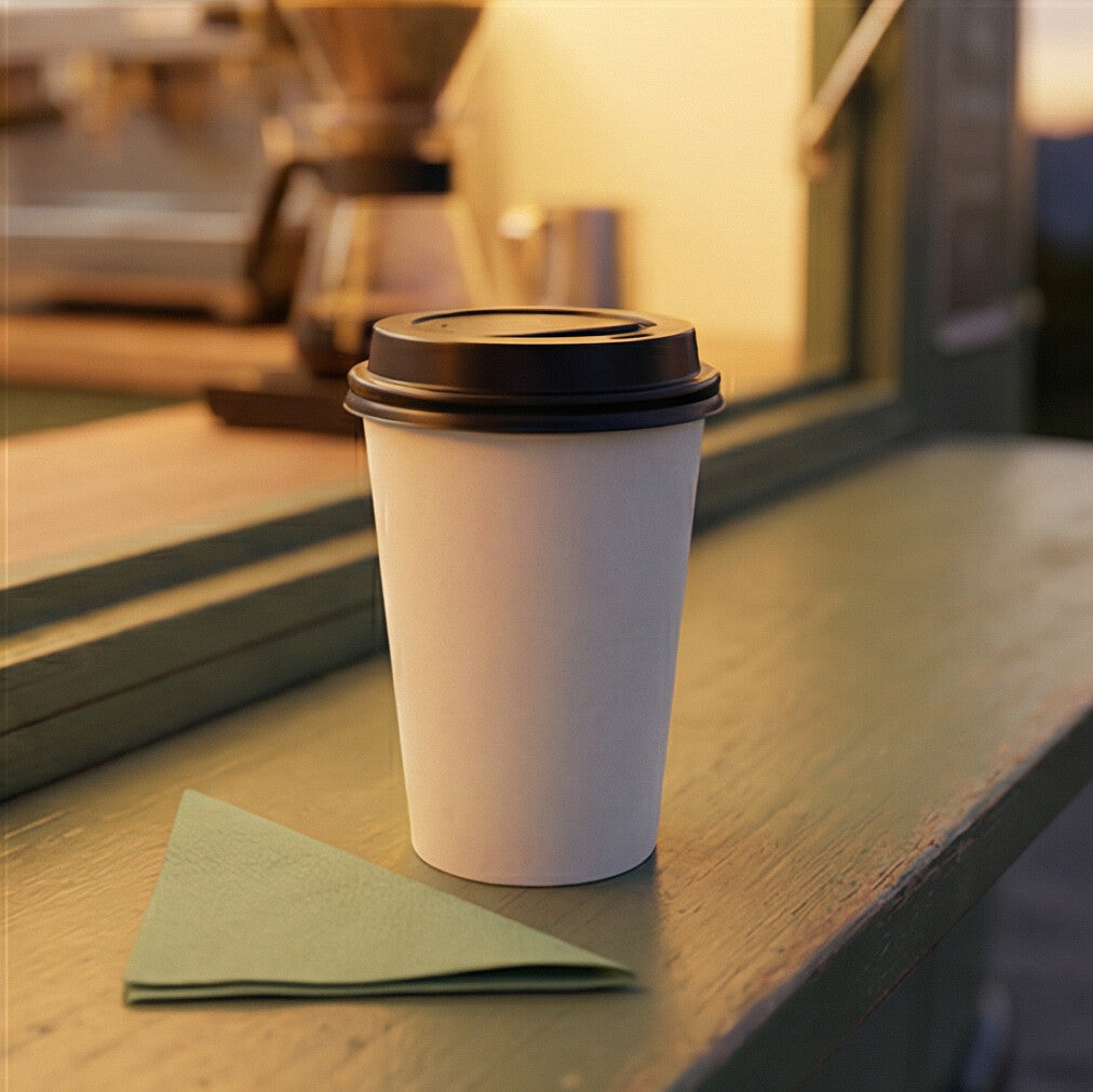 White 16oz paper cup with a black lid on a café window counter beside a folded napkin, warm golden light and pour-over behind