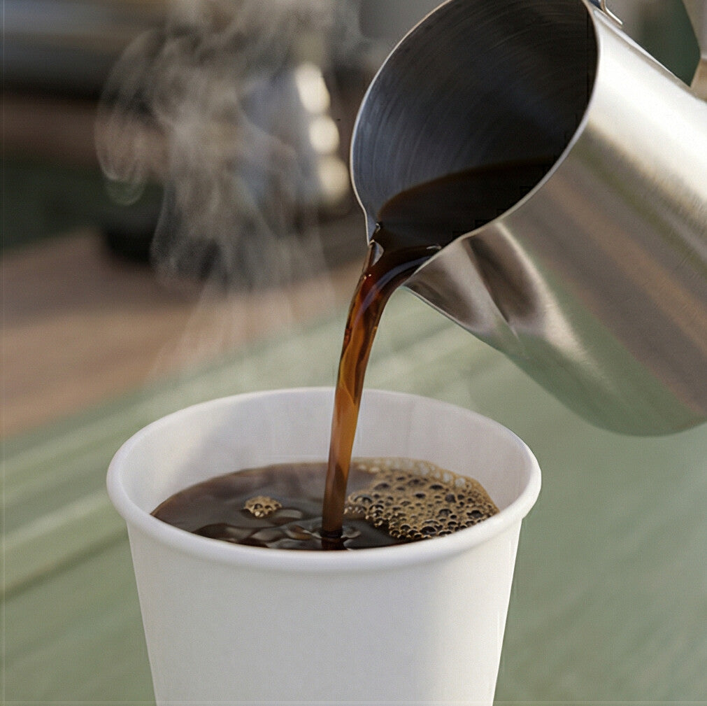 Steaming black coffee being poured from a stainless steel jug into a white 16oz paper cup on a sage green café counter
