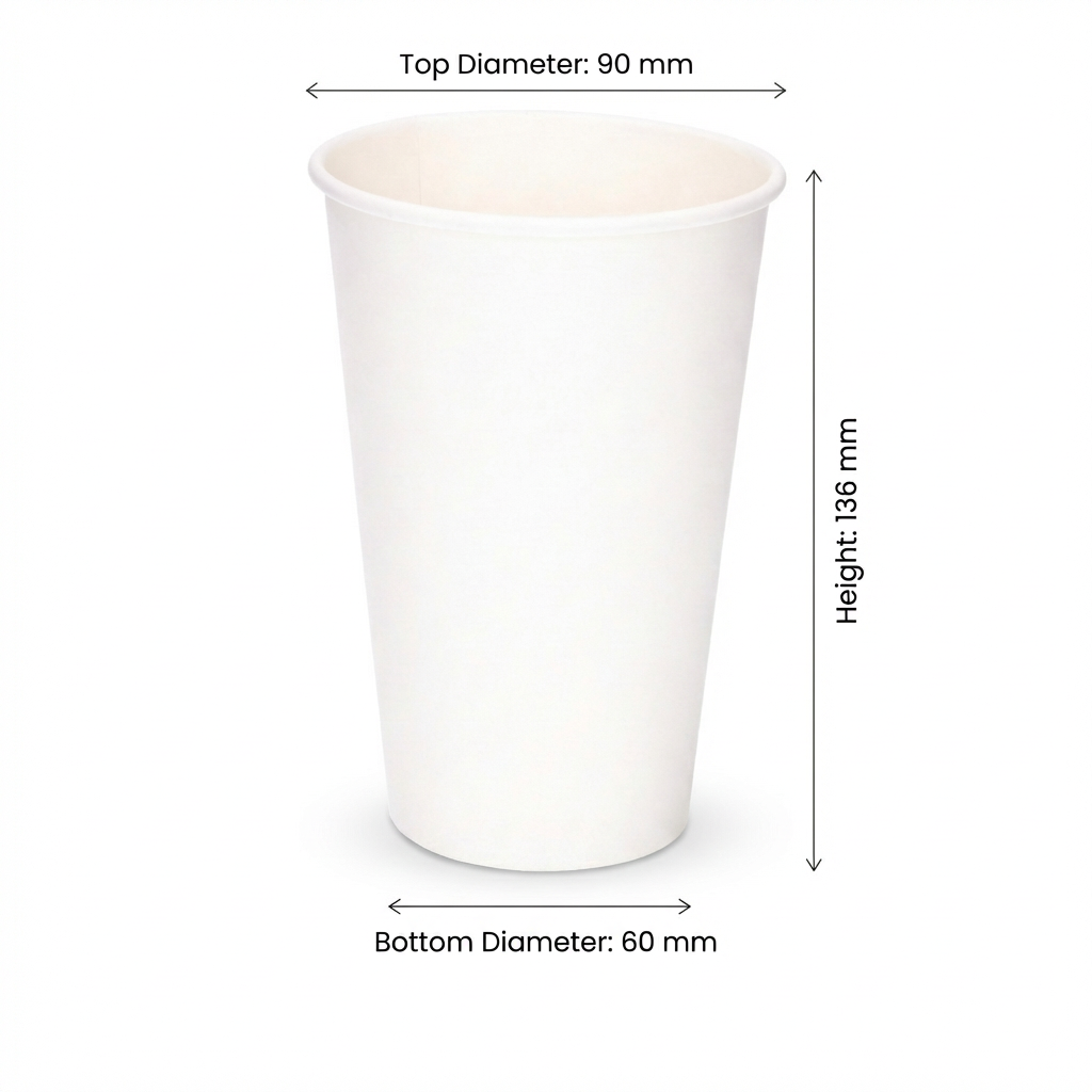 Dimensions diagram for the 16oz White Single Wall Paper Cup: 90 mm top diameter, 60 mm base, 136 mm height, white background