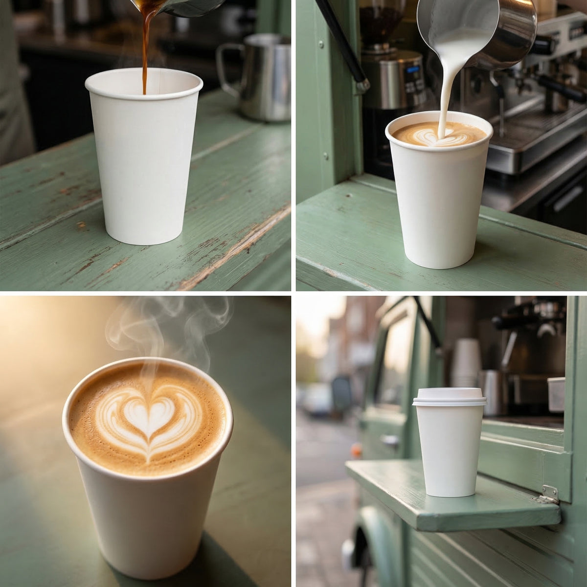 Four-panel collage: white 16oz paper cup empty, coffee being poured in, then lidded on a café counter in warm and natural light
