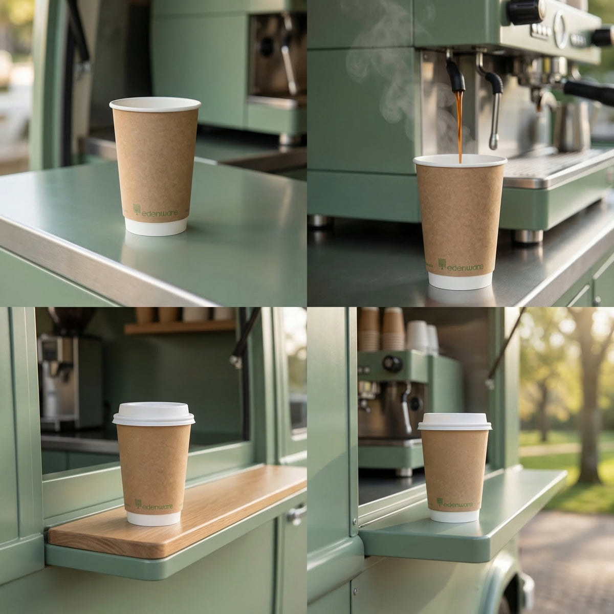 16oz compostable kraft double wall paper cup lifestyle collage - four panels showing empty cup on cafe counter, espresso being poured, cup with lid on wooden shelf and cup outdoors