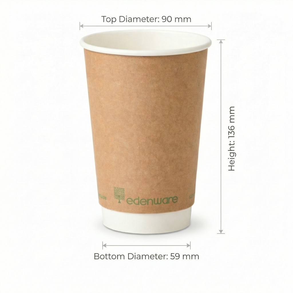 16oz compostable kraft double wall paper cup with dimensions - height 136mm, top diameter 90mm, bottom diameter 59mm