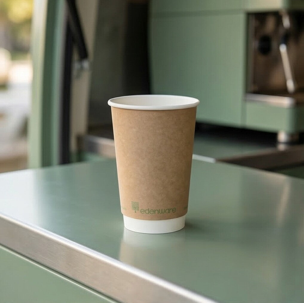 16oz compostable kraft double wall paper cup open on green metal cafe counter with espresso machine in background