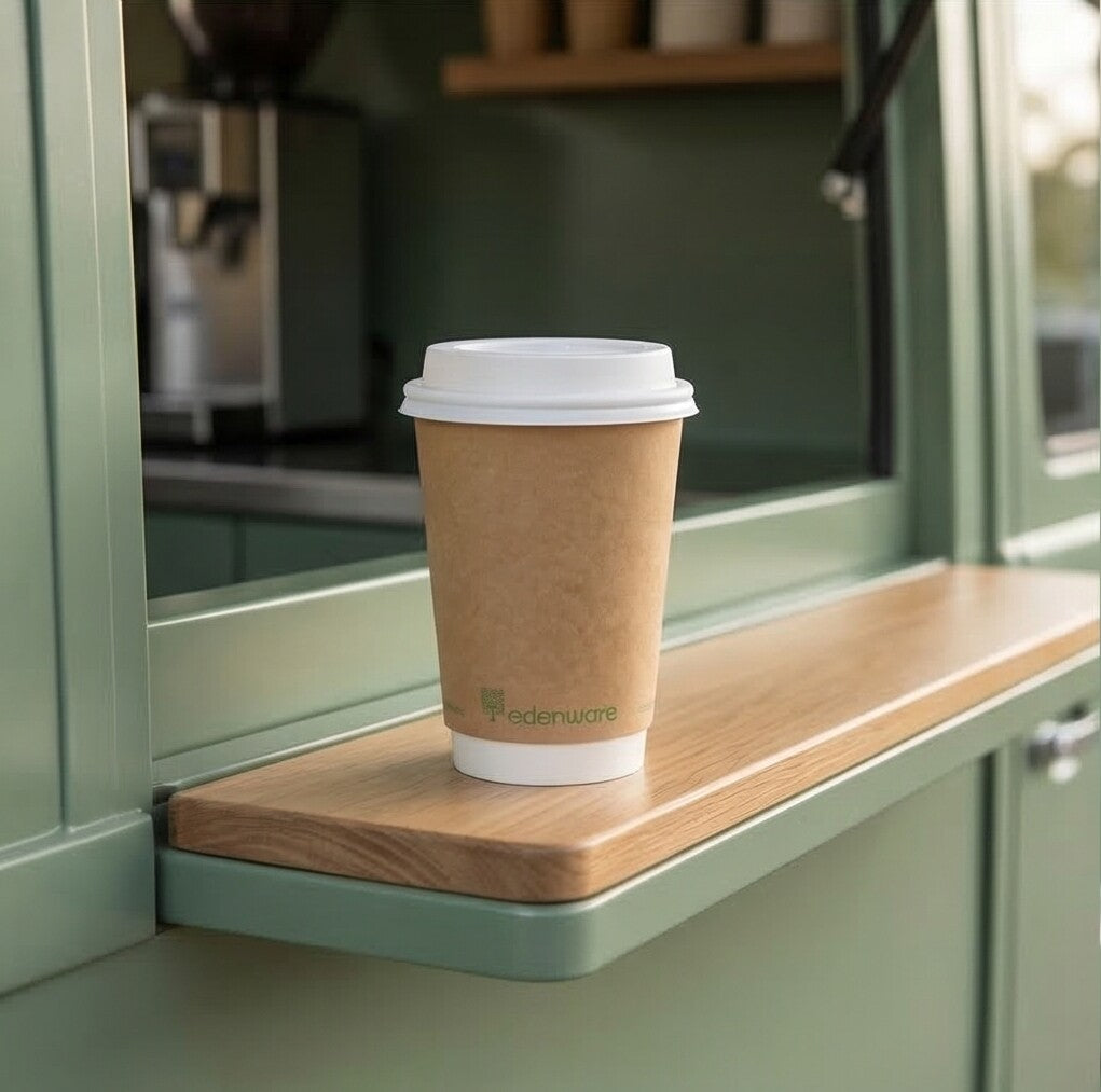 16oz compostable kraft double wall paper cup with white lid on wooden shelf inside coffee shop