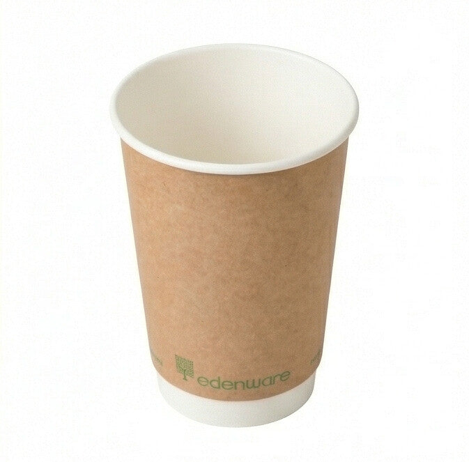 16oz compostable kraft double wall paper cup - slightly overhead front angle on white background
