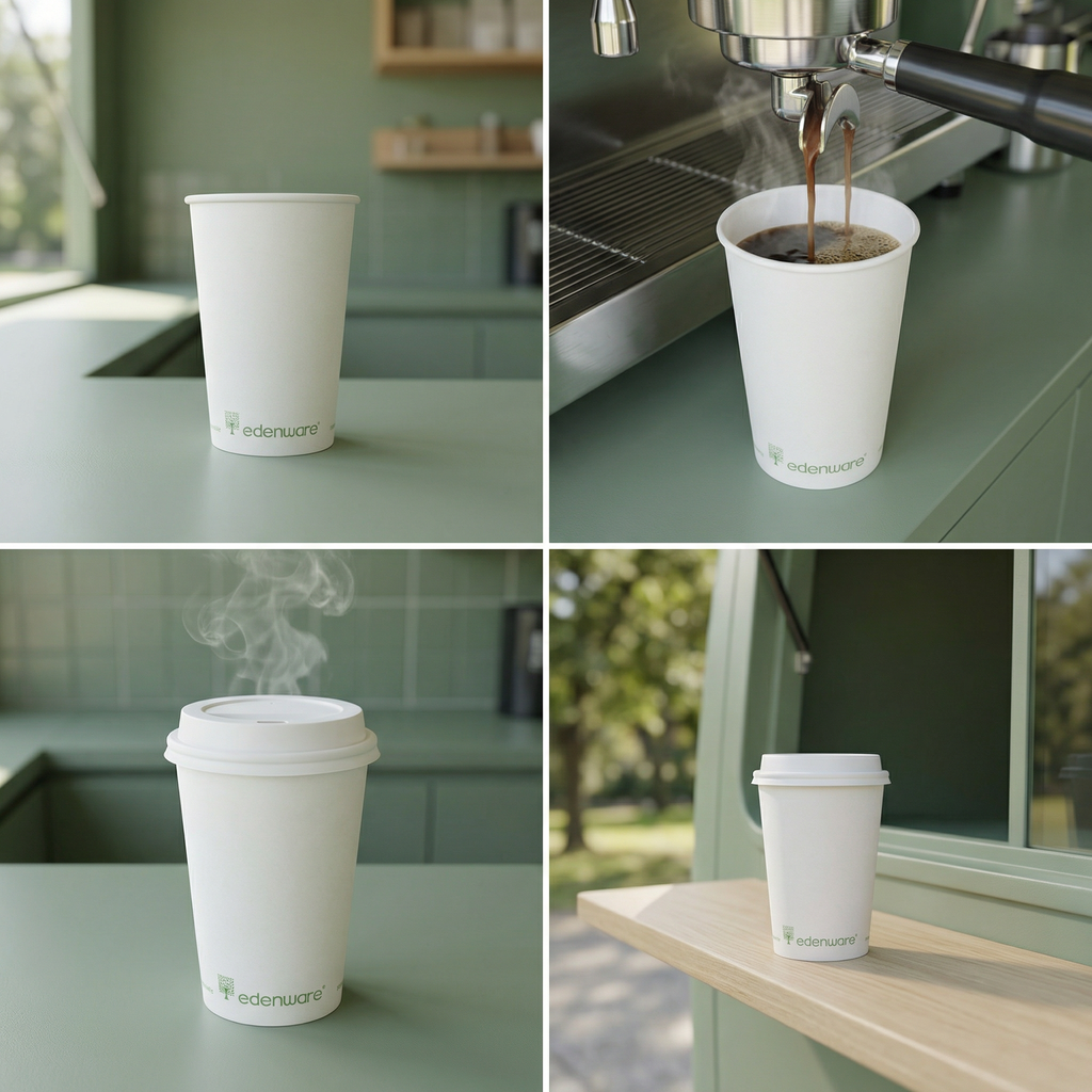 16oz compostable white single wall paper cup lifestyle collage - four panels showing empty cup, espresso being poured, steaming cup with lid and takeaway cup outdoors