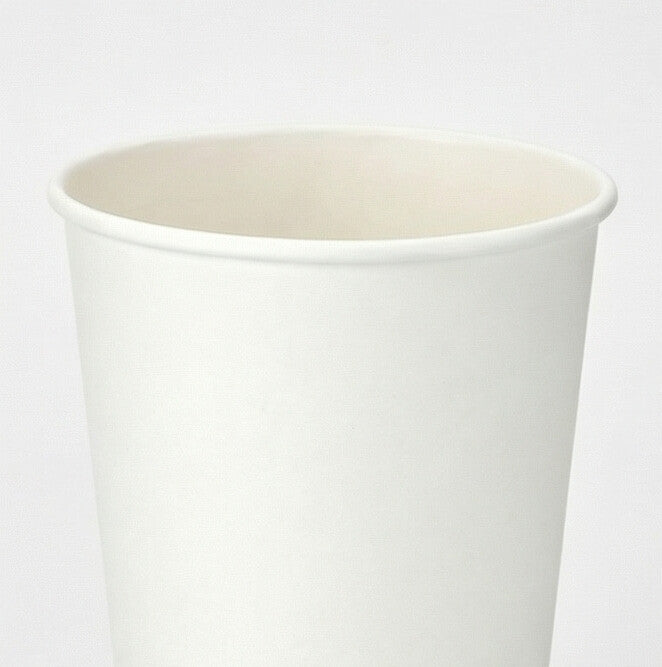 16oz compostable white single wall paper cup - close-up of rim and open interior on white background