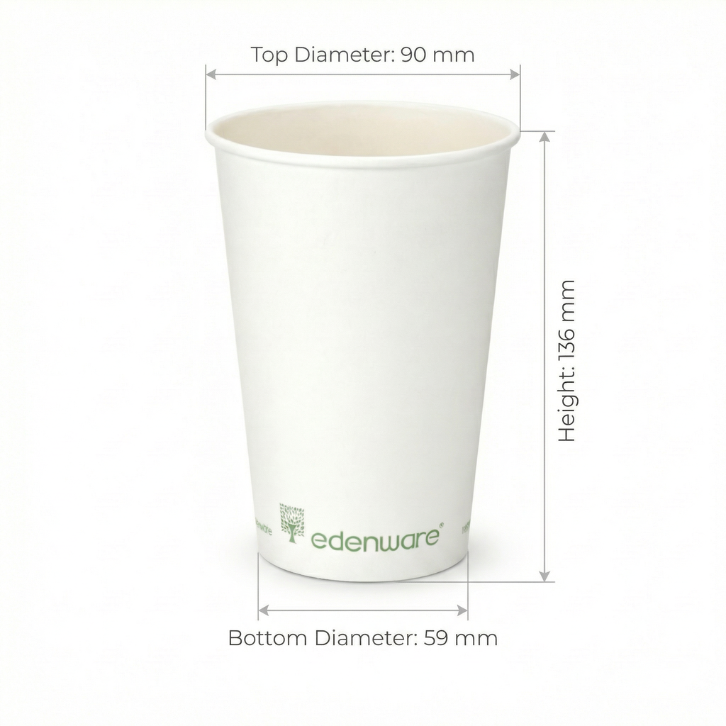 16oz compostable white single wall paper cup with dimensions - height 136mm, top diameter 90mm, bottom diameter 59mm