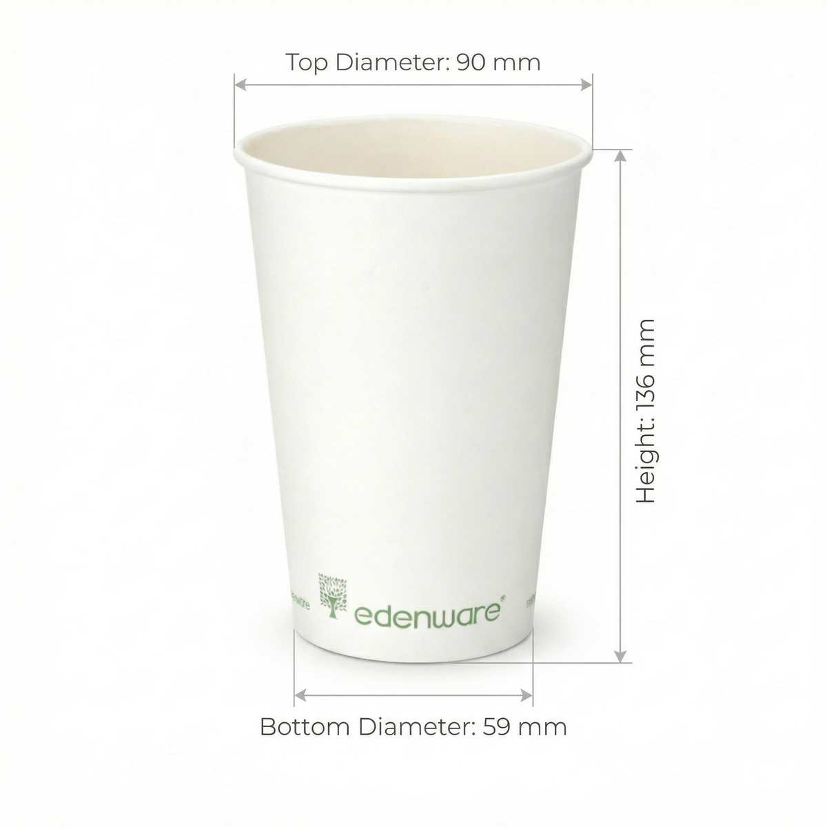 16oz compostable white single wall paper cup with dimensions - height 136mm, top diameter 90mm, bottom diameter 59mm