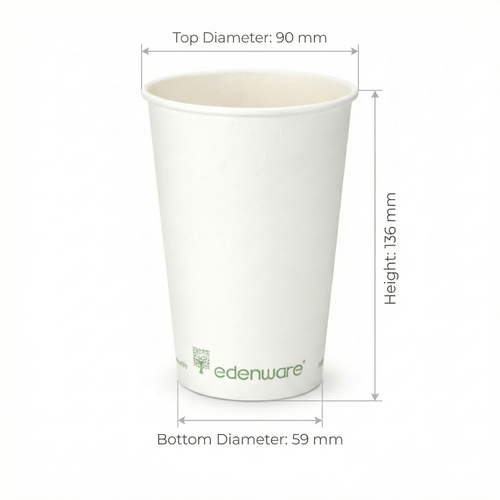 16oz compostable white single wall paper cup with dimensions - height 136mm, top diameter 90mm, bottom diameter 59mm