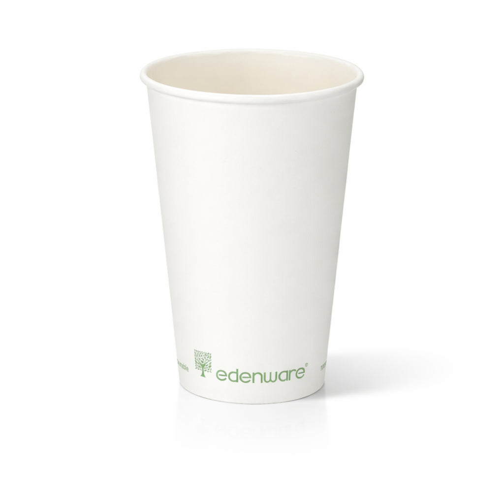 16oz compostable white single wall paper cup - front view on white background
