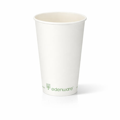 16oz compostable white single wall paper cup - front view on white background