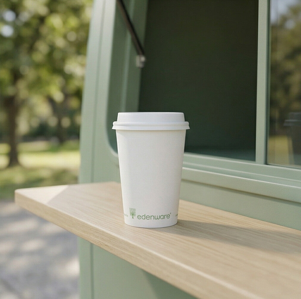 16oz compostable white single wall paper cup with lid on wooden shelf of an outdoor coffee van