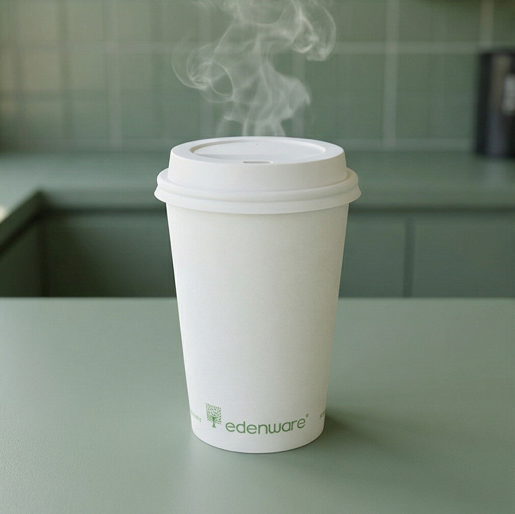 16oz compostable white single wall paper cup with lid and steam rising on green cafe counter