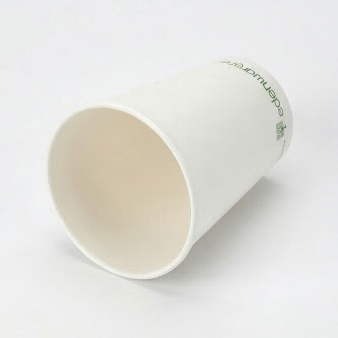 16oz compostable white single wall paper cup - tilted angle showing interior of open cup on white background