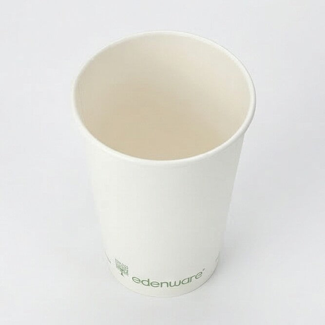 16oz compostable white single wall paper cup - top-down view showing open interior on white background