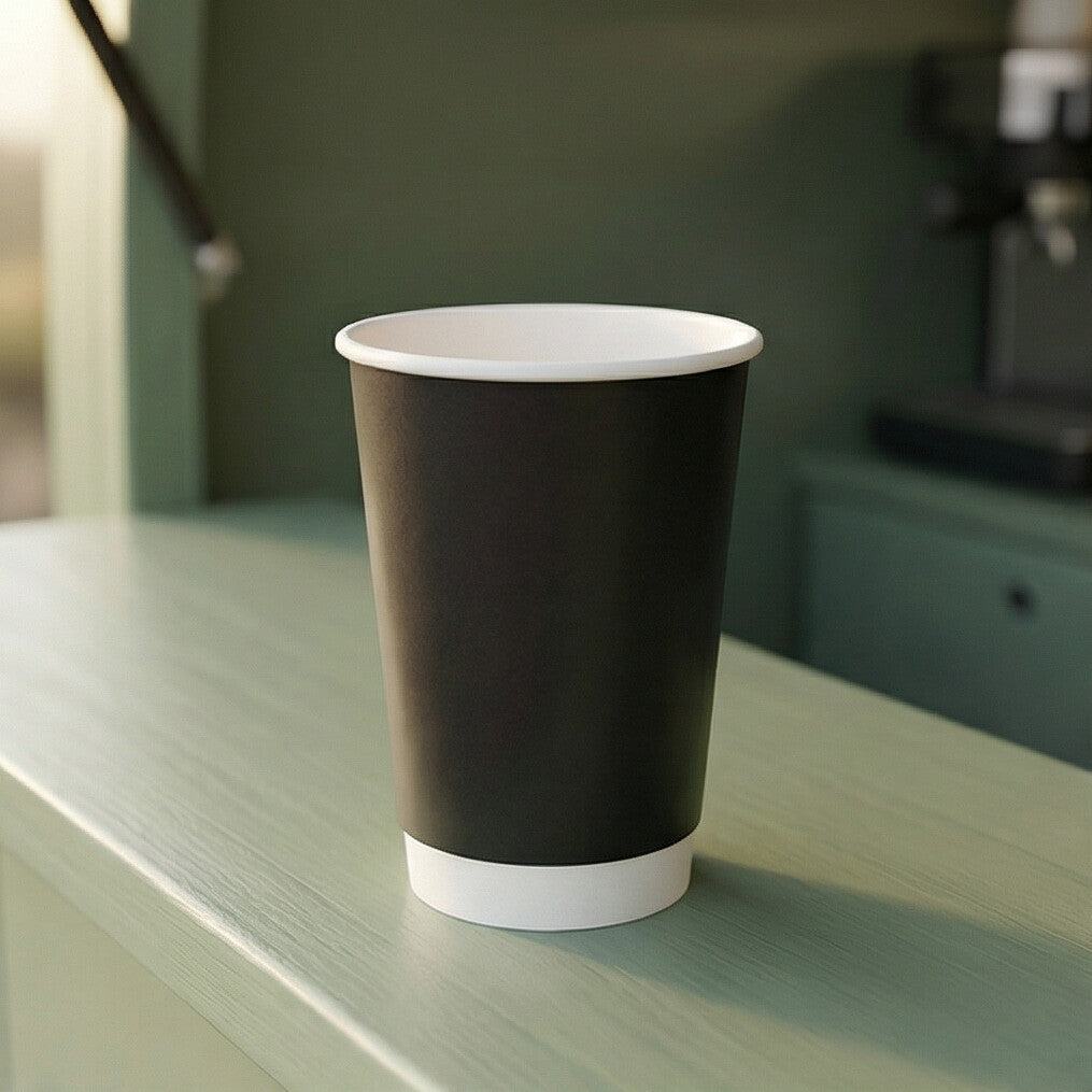 Empty 16oz Black Double Wall Paper Cup on a sage green café counter, dark green cabinetry and coffee equipment behind