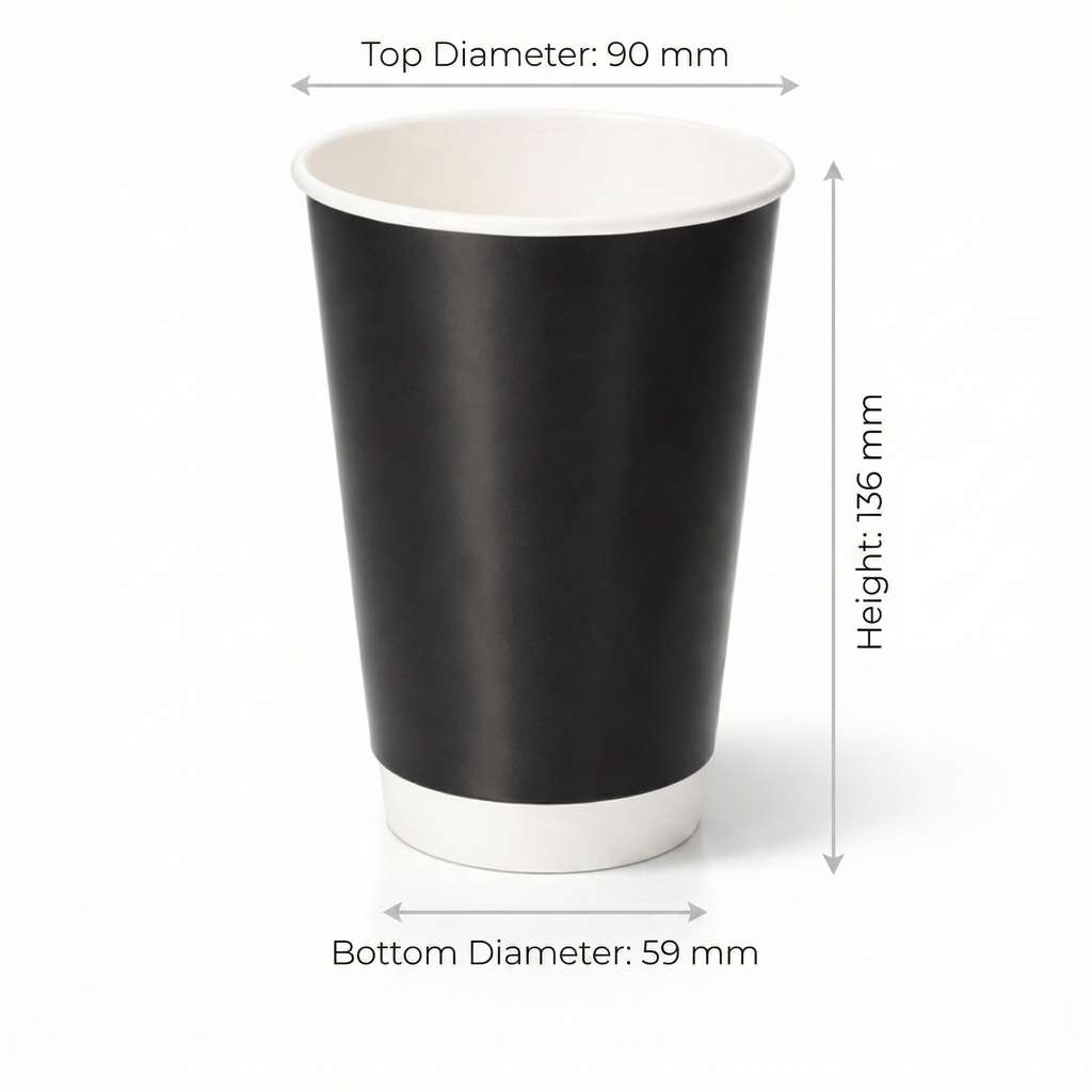Dimensions diagram for the 16oz Black Double Wall Paper Cup: 90 mm top diameter, 59 mm base, 136 mm height, white background