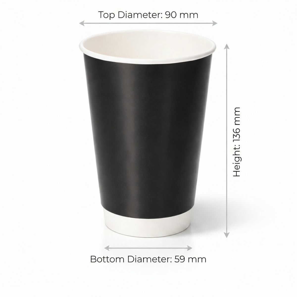 Dimensions diagram for the 16oz Black Double Wall Paper Cup: 90 mm top diameter, 59 mm base, 136 mm height, white background