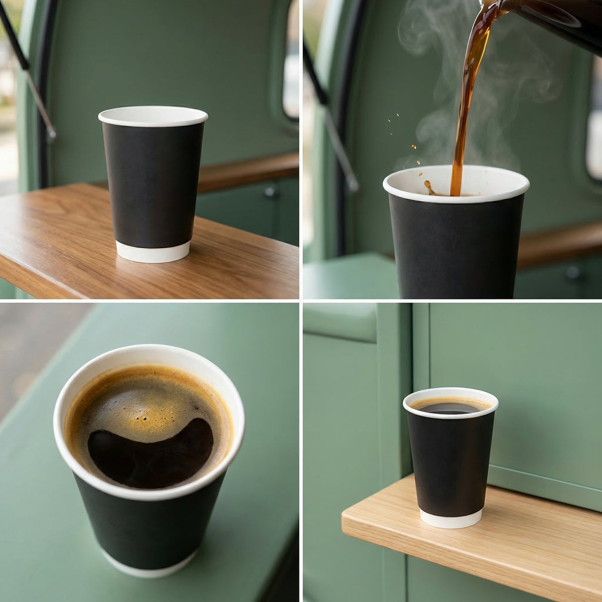 Four-panel collage: black 16oz cup on van shelf, coffee poured in steaming, top-down black coffee, filled on café shelf