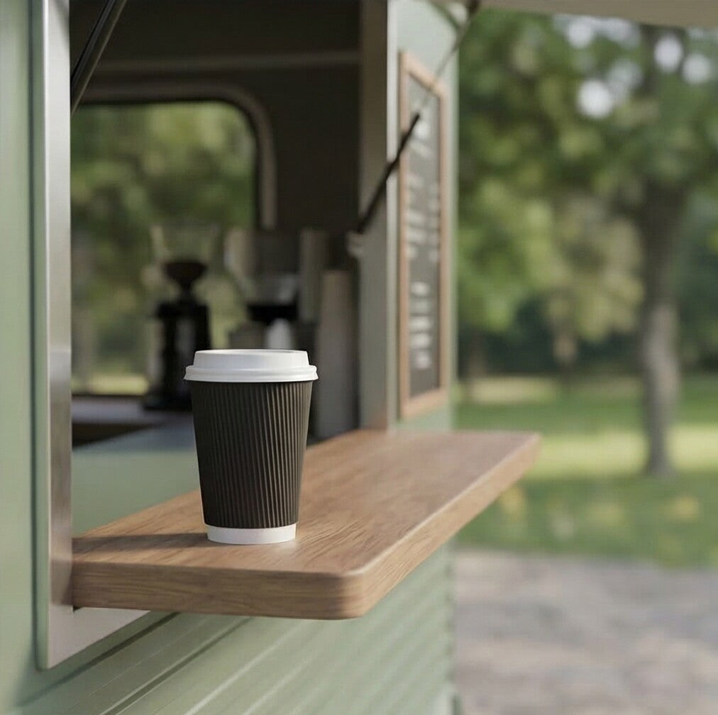 16oz Black Ripple Wall Paper Cup with a white lid on the fold-down shelf of a sage green coffee van, park and trees behind