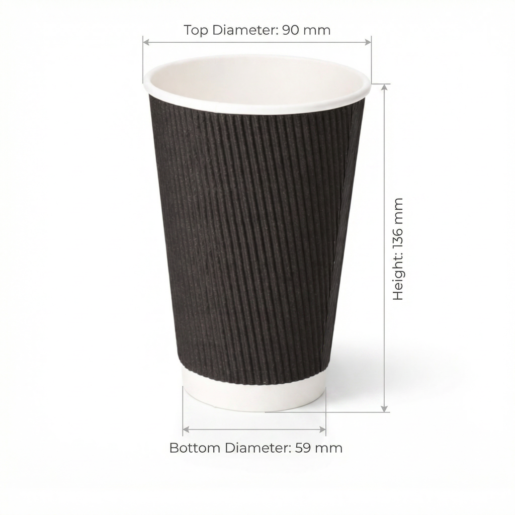 Dimensions diagram for the 16oz Black Ripple Wall Paper Cup: 90 mm top diameter, 59 mm base, 136 mm height, white background