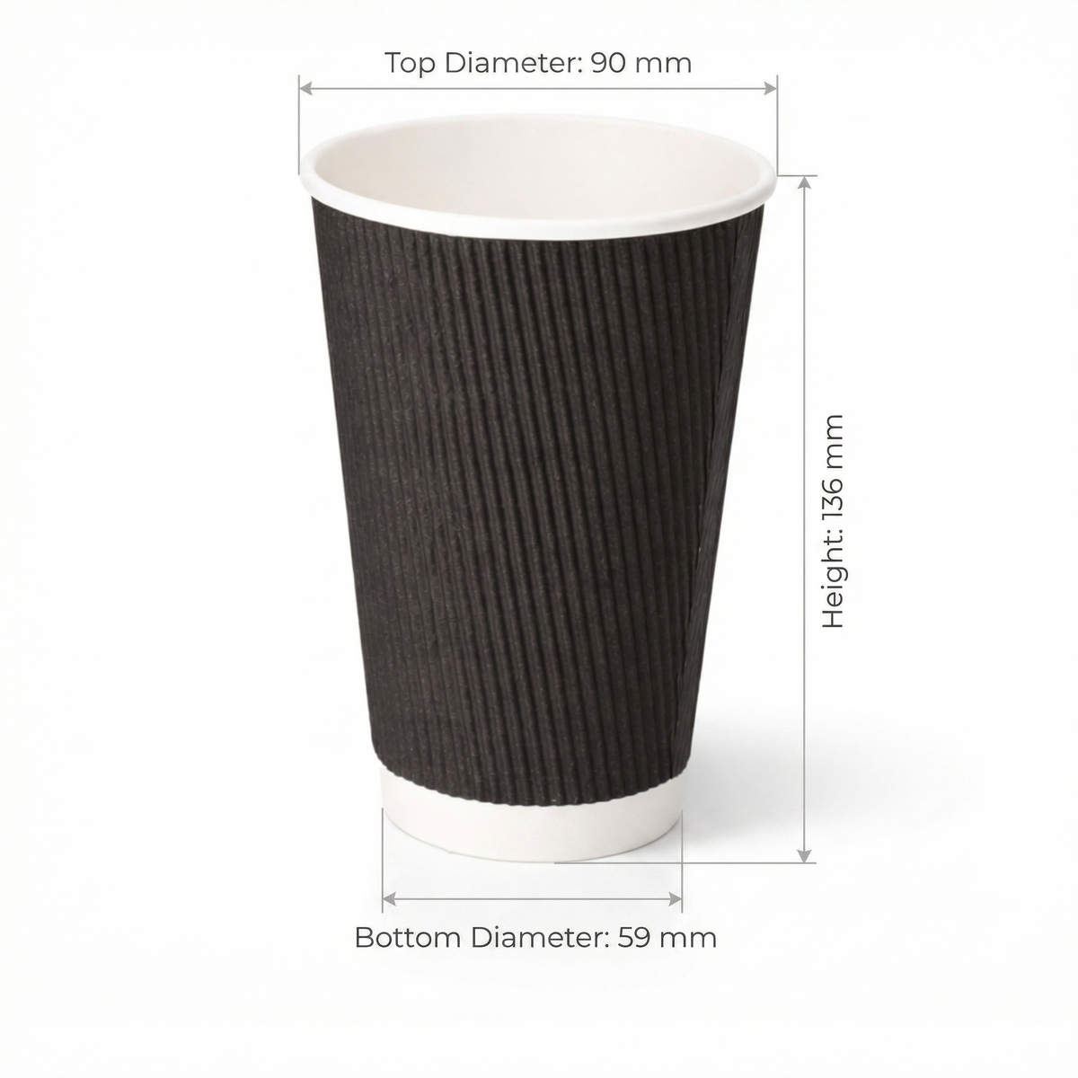 Dimensions diagram for the 16oz Black Ripple Wall Paper Cup: 90 mm top diameter, 59 mm base, 136 mm height, white background