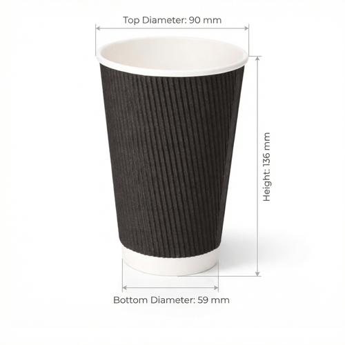 Dimensions diagram for the 16oz Black Ripple Wall Paper Cup: 90 mm top diameter, 59 mm base, 136 mm height, white background