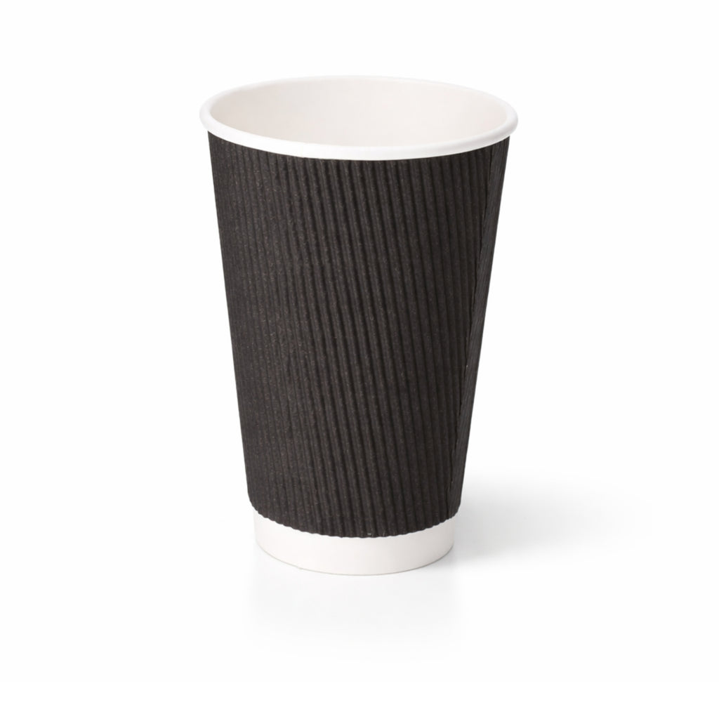 16oz Black Ripple Wall Paper Cup on white, tall vertical ripple texture exterior, white rim and base band, subtle shadow
