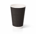 16oz Black Ripple Wall Paper Cup on white, tall vertical ripple texture exterior, white rim and base band, subtle shadow