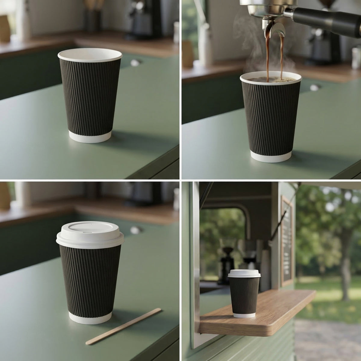Four-panel collage: empty black 16oz on café counter, espresso poured in steaming, lidded with stirrer, and lidded on van