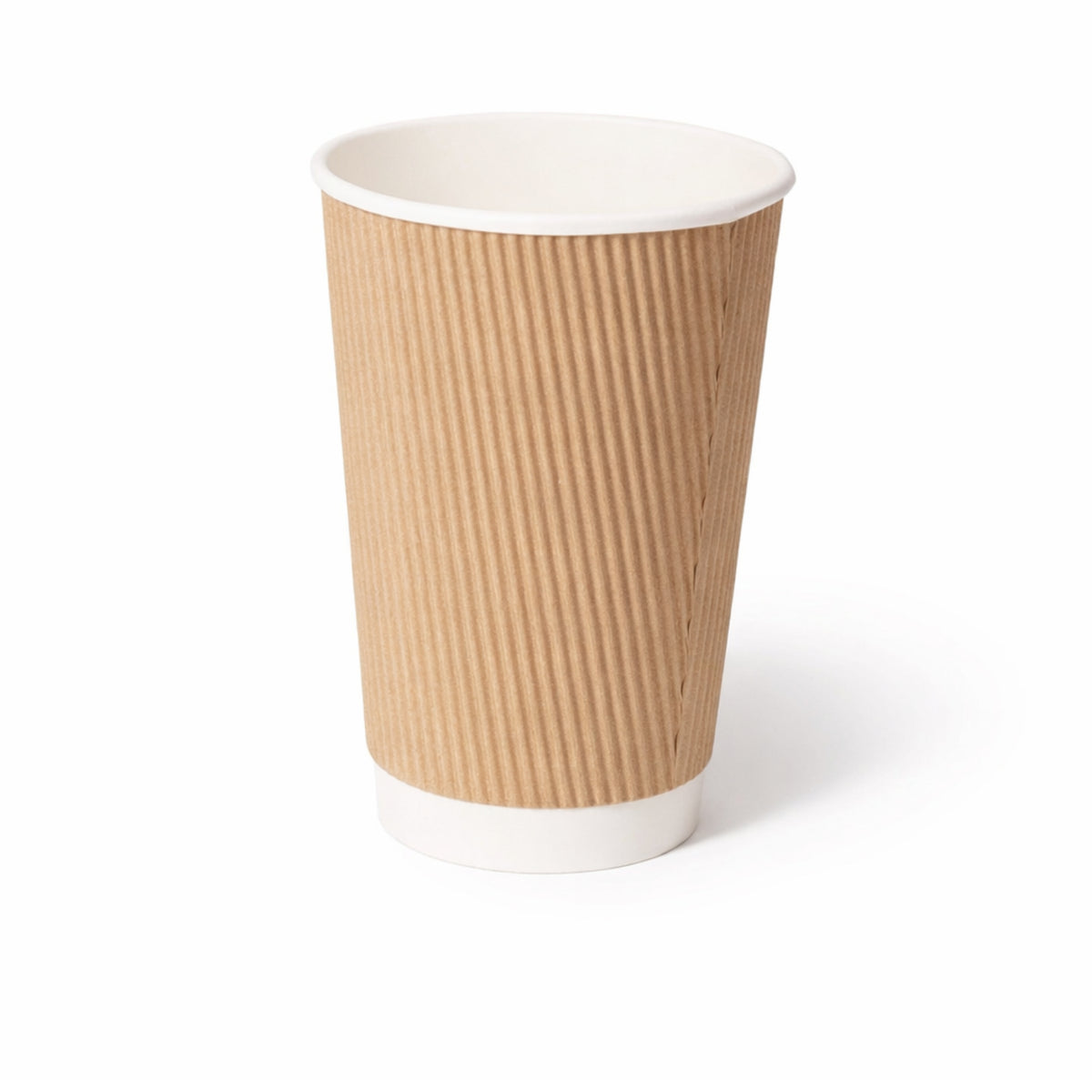Brown paper cup with a white rim on a white background
