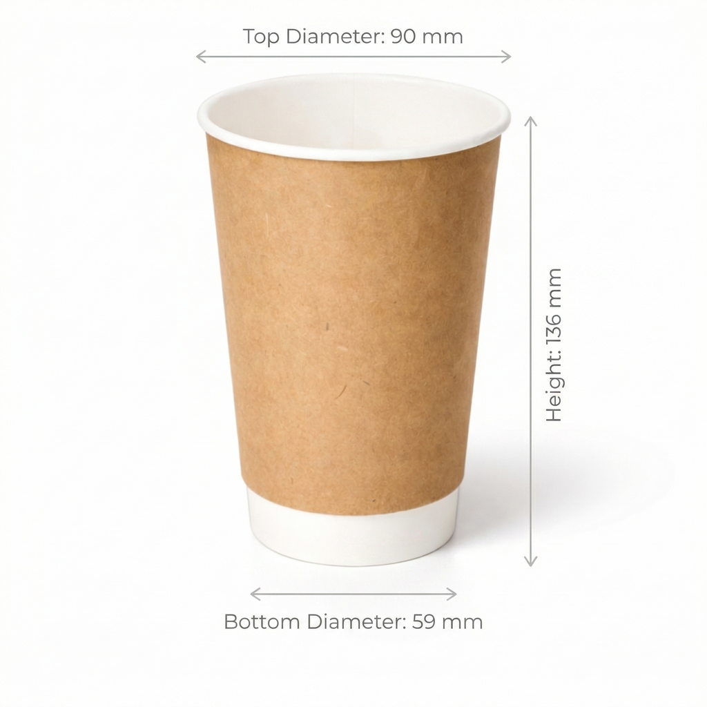 Dimensions diagram for the 16oz Kraft Double Wall Paper Cup: 90 mm top diameter, 59 mm base, 136 mm height, white background