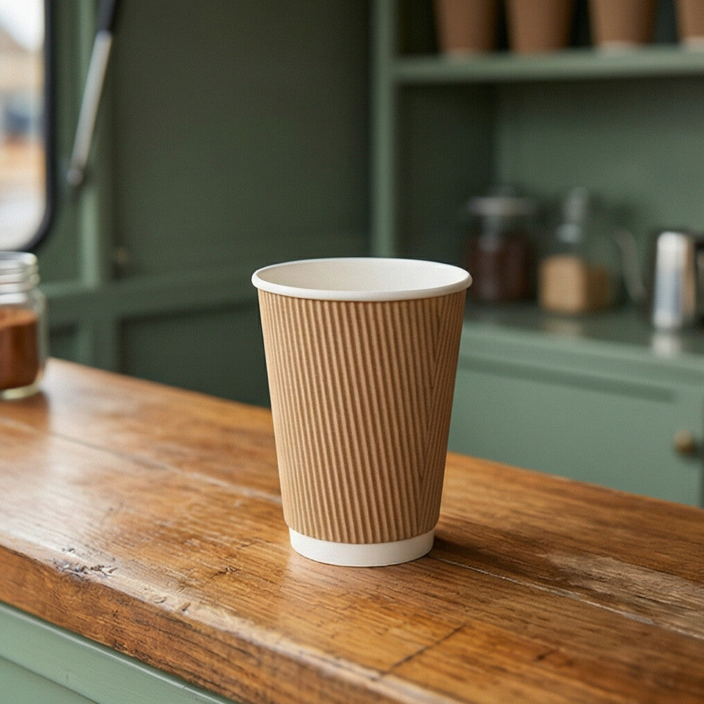 Empty 16oz Kraft Ripple Wall Paper Cup on a rustic wooden café counter, dark sage green cabinetry and shelving behind