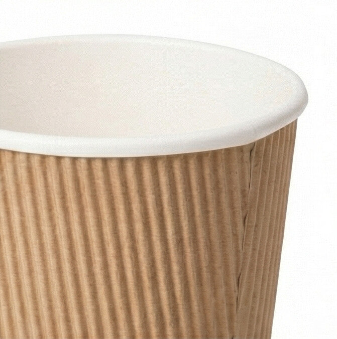 Close-up of the white rim and vertical kraft ripple texture of a 16oz ripple wall paper cup, seam visible, white background