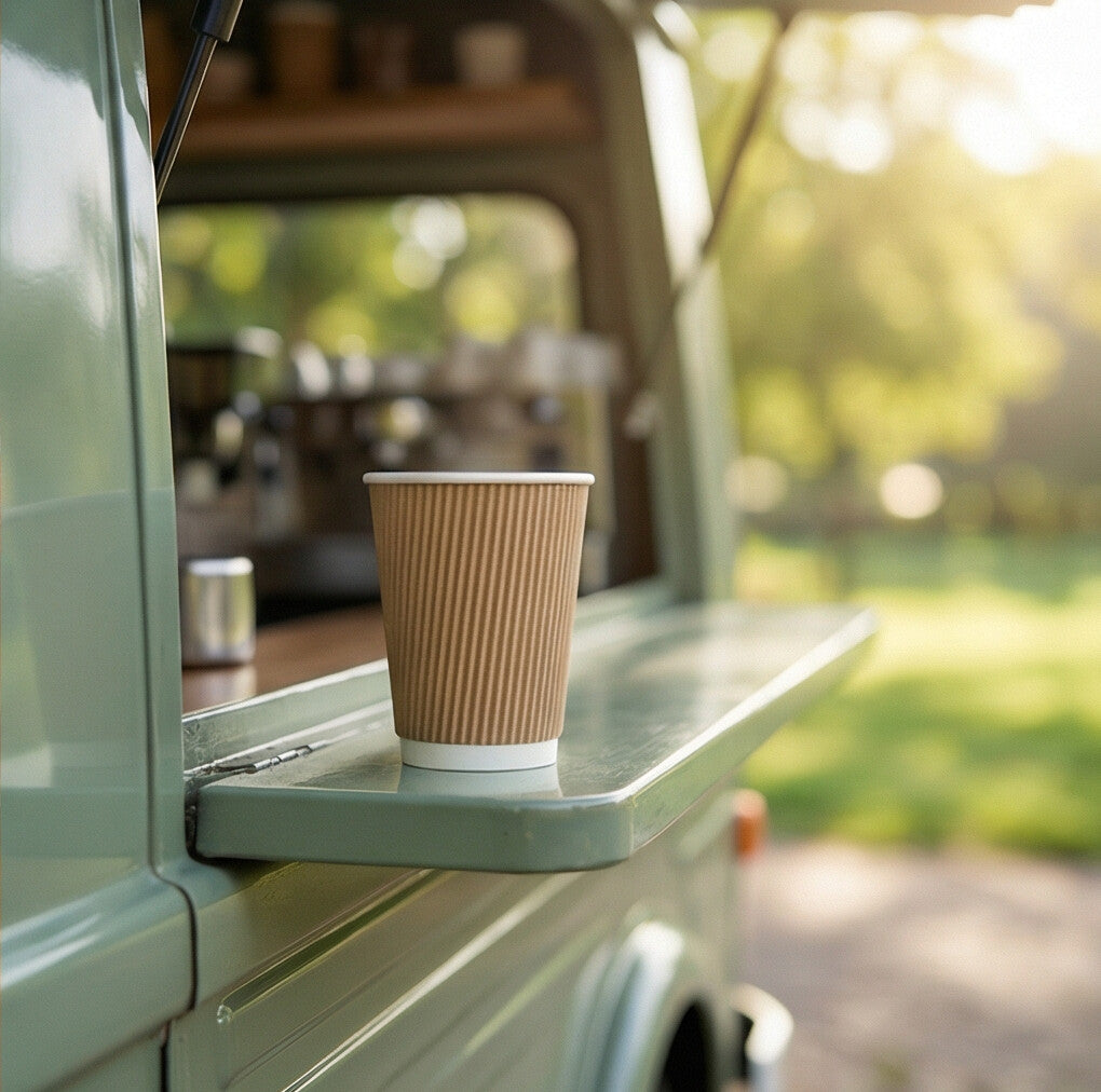16oz Kraft Ripple Wall Paper Cup on the fold-down shelf of a sage green coffee van, sunny park and trees in background