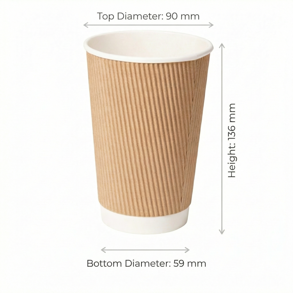 Dimensions diagram for the 16oz Kraft Ripple Wall Paper Cup: 90 mm top, 59 mm base, 136 mm height, off-white background