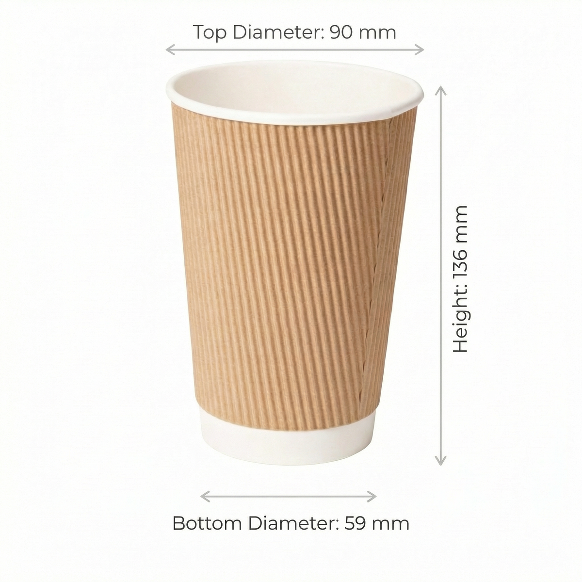 Dimensions diagram for the 16oz Kraft Ripple Wall Paper Cup: 90 mm top, 59 mm base, 136 mm height, off-white background