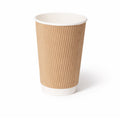 16oz Kraft Ripple Wall Paper Cup on white, tall vertical ripple texture exterior, white rim and base band, subtle shadow