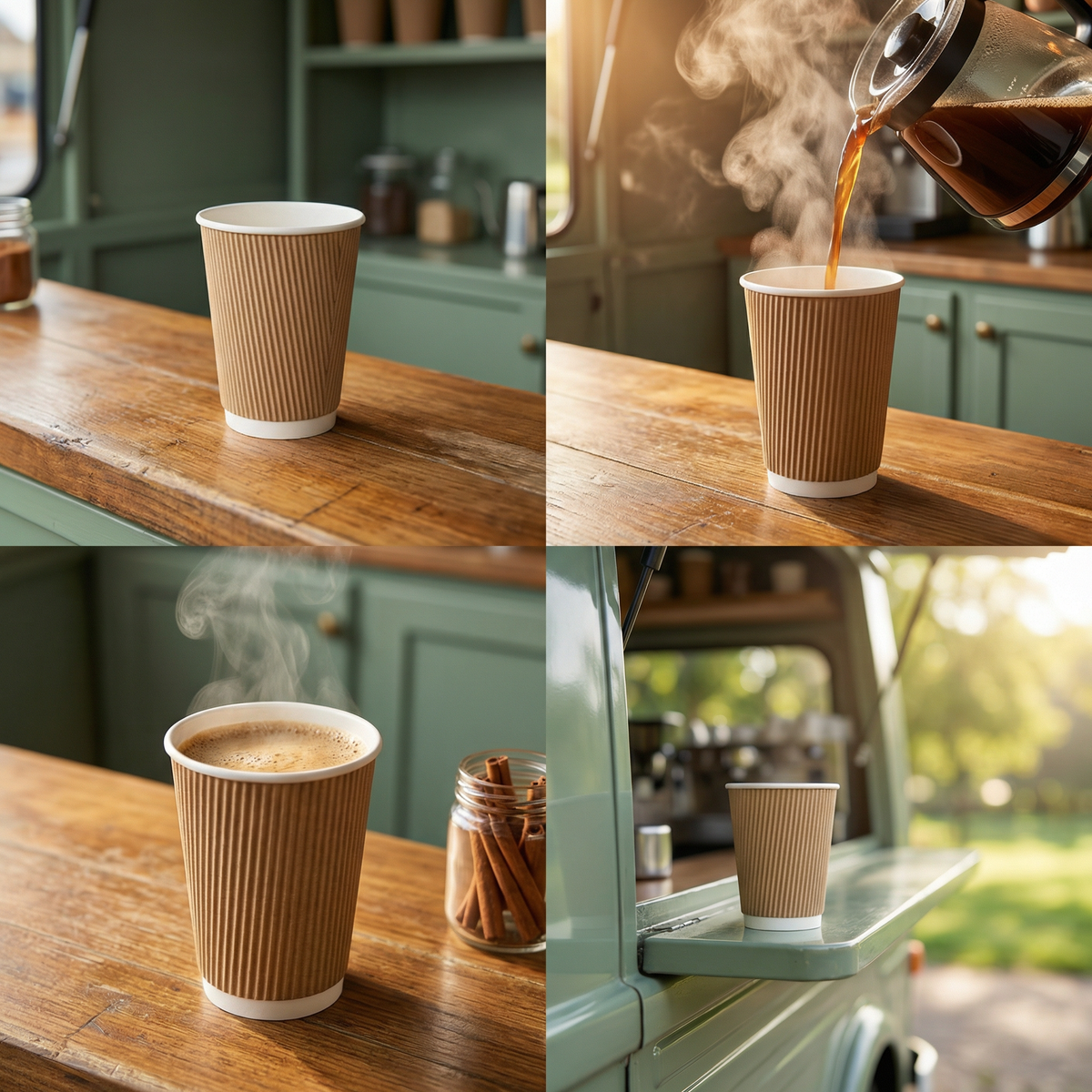 Four-panel collage: empty kraft 16oz on café counter, coffee poured in steaming, open latte with cinnamon, and cup on van